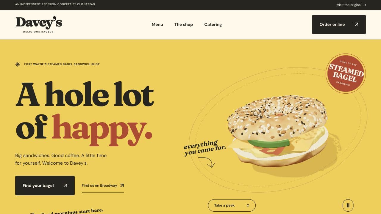 Davey’s redesign concept with a golden header and an original rotating 3D bagel sandwich