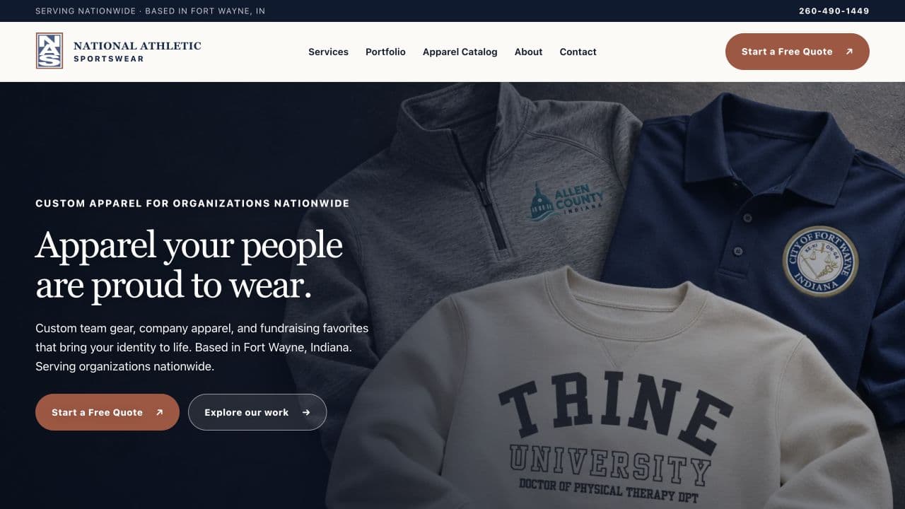 NASwear website featuring custom apparel and a quote request path