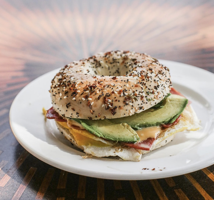 The 07 bagel sandwich with egg, cheese, turkey bacon and avocado